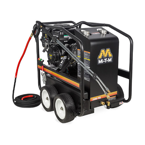 Portable gas powered hot water pressure washer.