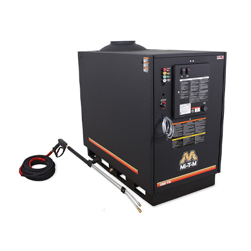 Stationary hot water pressure washer that runs on natural gas or propane for dedicated wash bays.